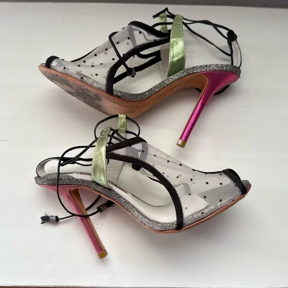 Sophia Webster Mesh Polka Dot Tri Color Metallic Peep Toe Heels Sz: 8 - Picture 7 of 13
